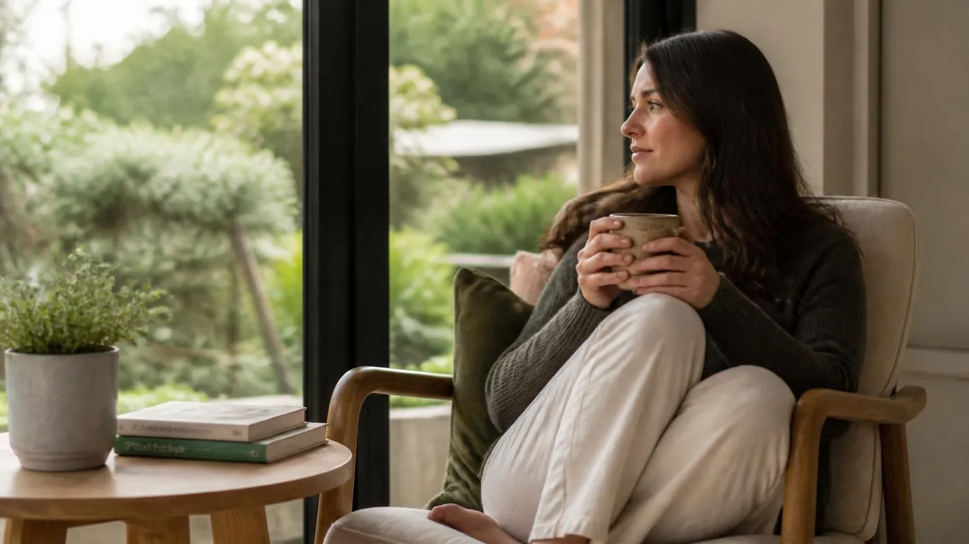 A woman sitting in an armchair with a mug, looking out of a window