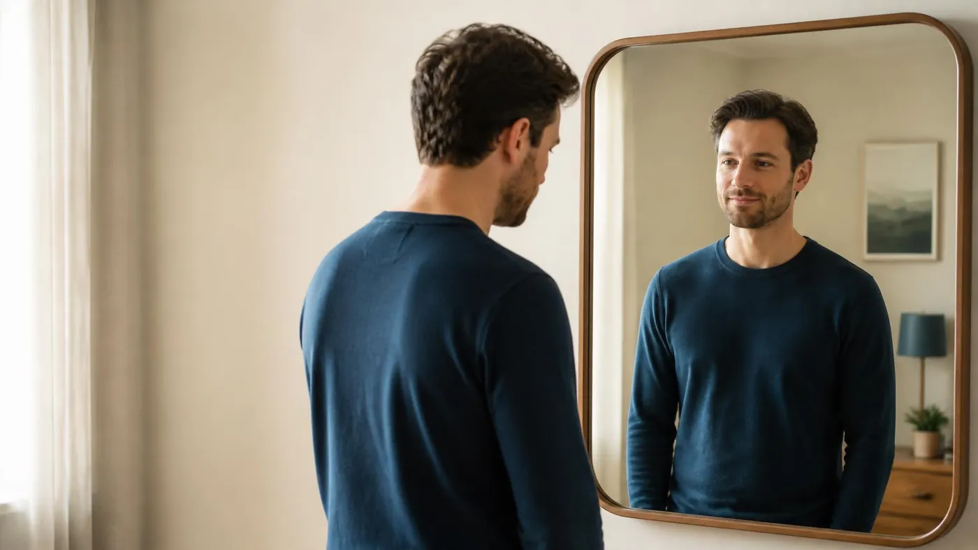 A man looking at his reflection in a bedroom mirror