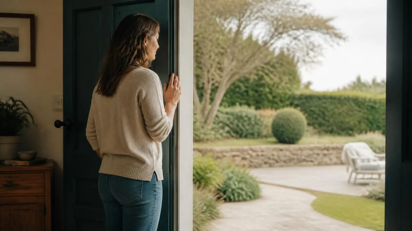 A woman standing at an open front door, looking out at the garden