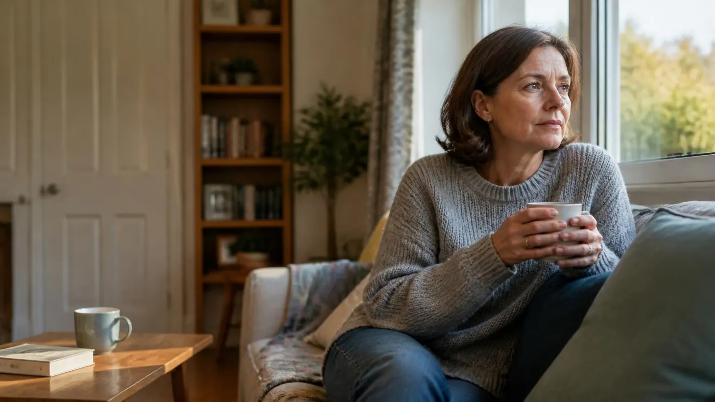 A woman sitting on a sofa with a mug, looking out of a window