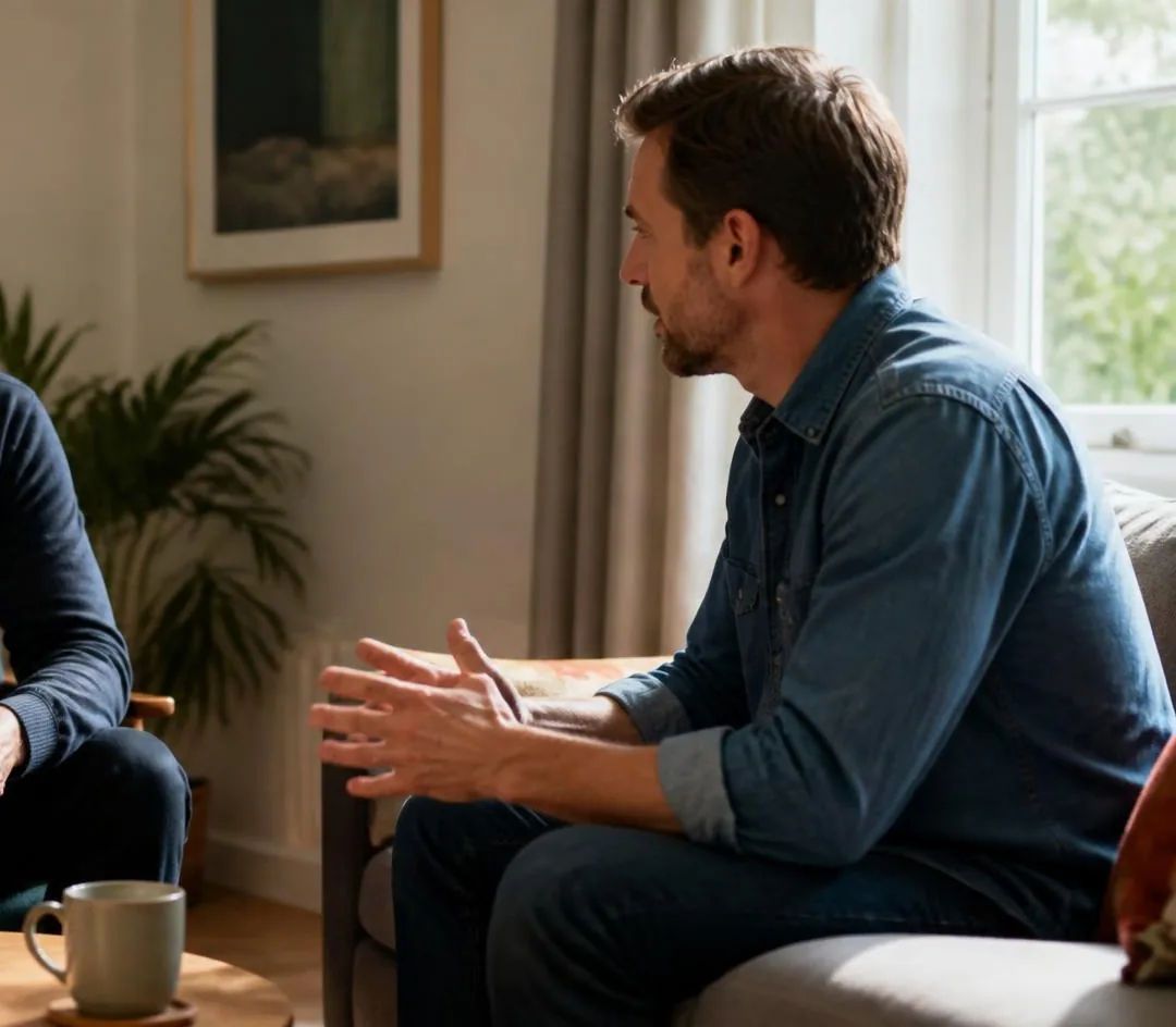Two people sitting and talking in a quiet room, one leaning forward mid-sentence