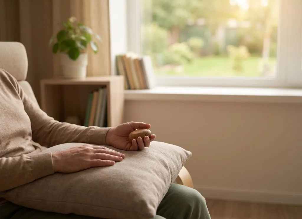 Someone sitting in an armchair beside a window, hands resting on a cushion