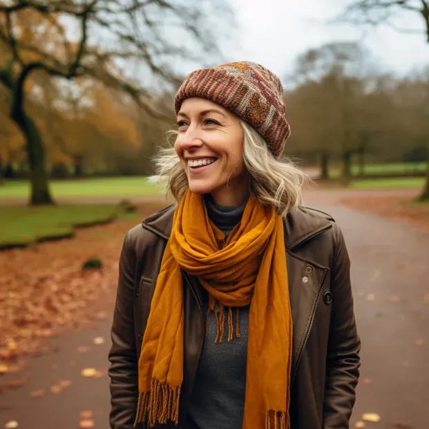 A woman smiling while walking through a park in autumn