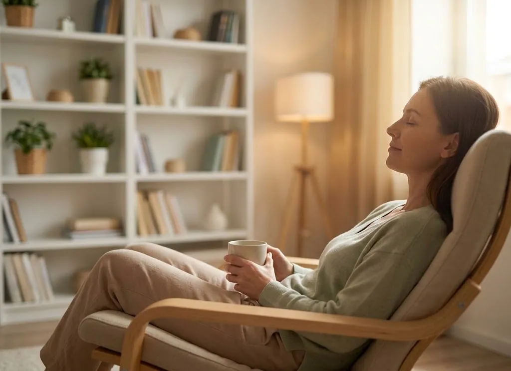 A woman resting in a reclining chair with her eyes closed