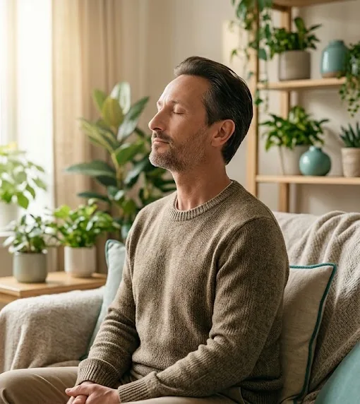 A man sitting calmly on a sofa with his eyes closed