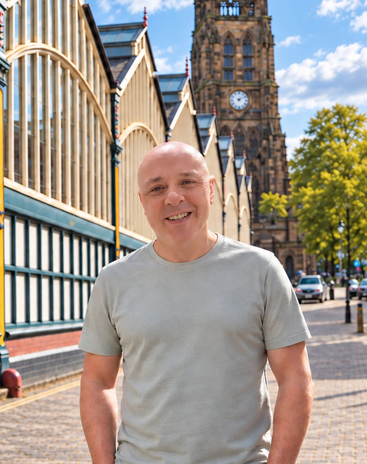 Stephen Stanton on Market Place in Stockport, with the Market Hall and St Mary's church behind him