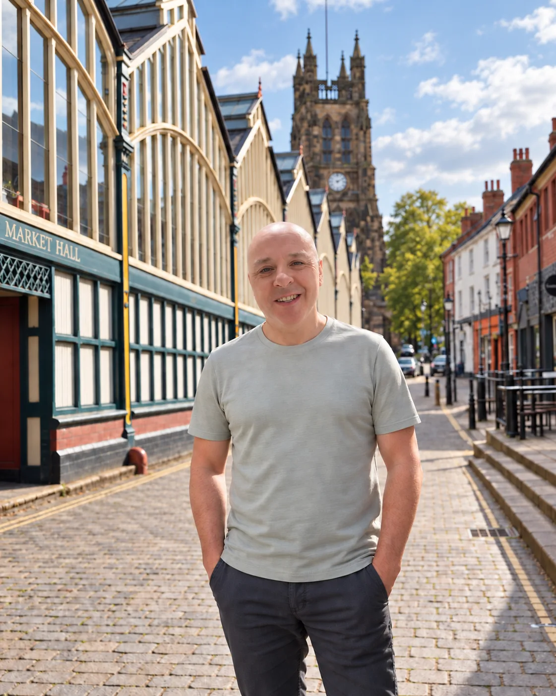 Stephen Stanton standing on Market Place in Stockport, with the Market Hall and St Mary's church behind him
